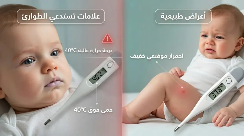 مقارنة بصرية بين الأعراض الجانبية الطبيعية للقاح DTaP وعلامات الخطر النادرة التي تستدعي مراجعة الطوارئ