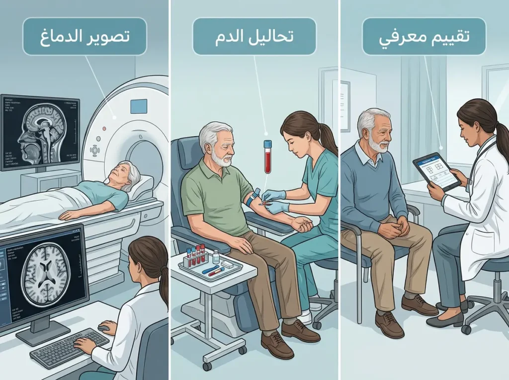 شكل طبي يوضح التقييم المعرفي وتحاليل الدم وتصوير الدماغ ضمن الفحوصات المبكرة لصحة الدماغ.