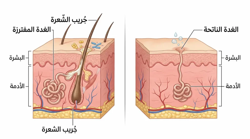 رسم طبي واقعي يقارن بين الغدة العرقية الناتحة والغدة المفترزة في مقطع عرضي من الجلد البشري موضحاً اختلاف البنية والموقع ونوع الإفراز
