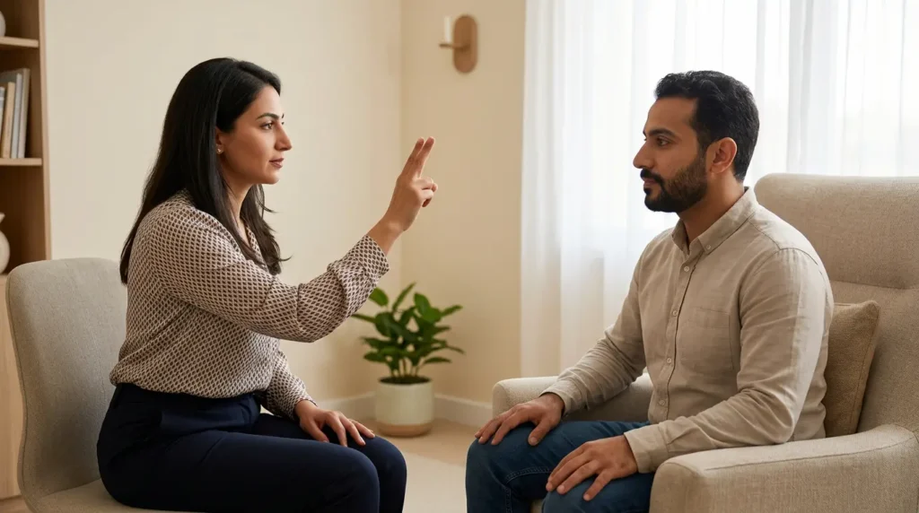 صورة واقعية لجلسة علاج EMDR تظهر معالجة نفسية تحرك أصابعها أمام عيني المريض في عيادة نفسية مريحة