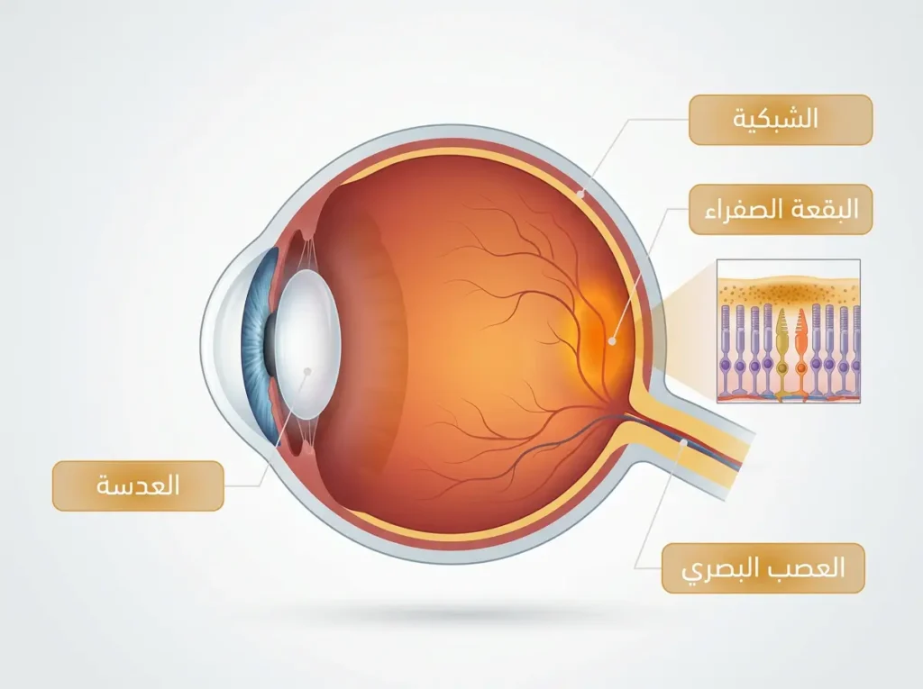 رسم تشريحي واقعي لمقطع أفقي في العين البشرية يوضّح موقع البقعة الصفراء والشبكية حيث يتركّز اللوتين والزياكسانثين.