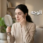 امرأة شابة تفحص لون ملتحمة عينها أمام المرآة للكشف عن شحوب الوجه