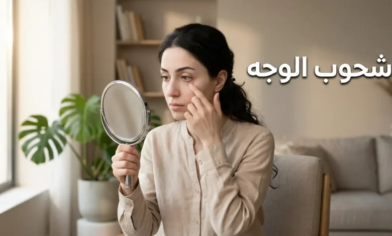 امرأة شابة تفحص لون ملتحمة عينها أمام المرآة للكشف عن شحوب الوجه