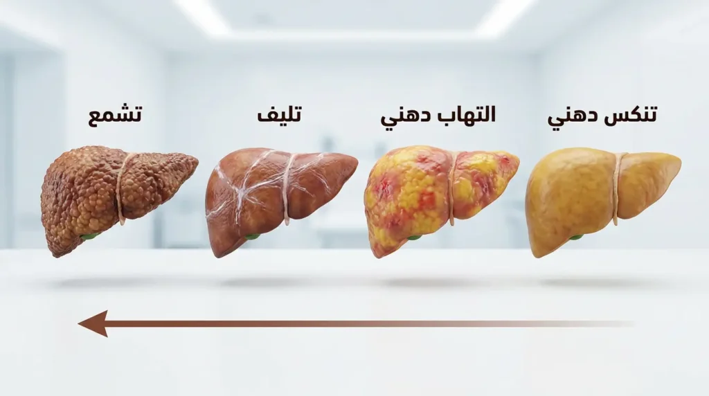 رسم ثلاثي الأبعاد يوضح المراحل الأربع لتطور الكبد الدهني من التنكس الدهني البسيط إلى التشمع