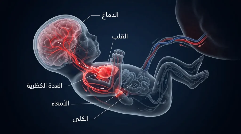 رسم طبي ثلاثي الأبعاد يوضح آلية إعادة توزيع الدم عند الجنين أثناء نقص الأكسجين مع إبراز الأعضاء الحيوية المحمية