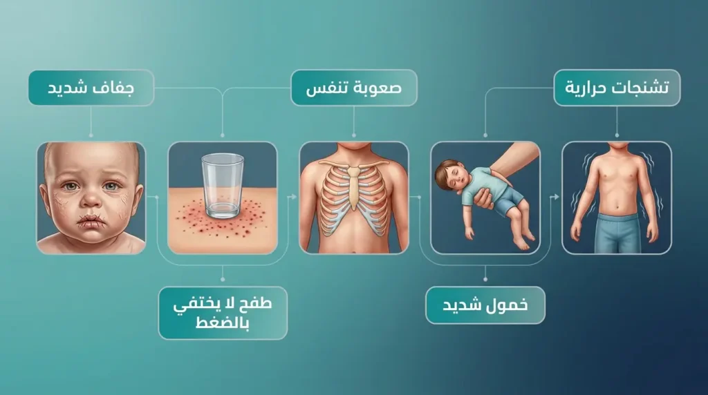إنفوغرافيك طبي يوضح خمس علامات خطر عند الأطفال المصابين بالحمى تستدعي التوجه الفوري للطوارئ.