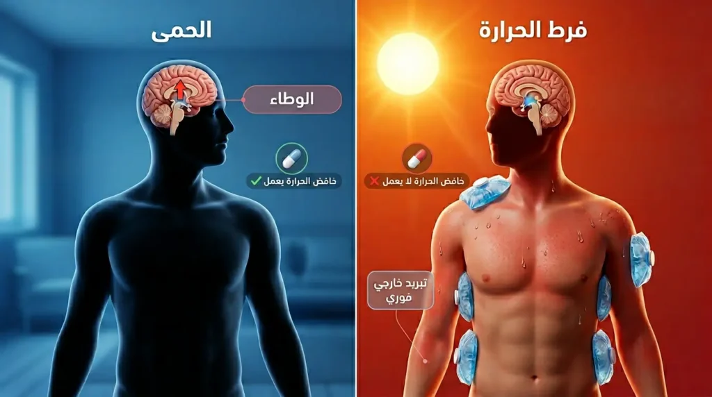 رسم ثلاثي الأبعاد يقارن بين الحمى المناعية حيث يرفع الدماغ نقطة الضبط وبين فرط الحرارة كضربة الشمس حيث يفشل التبريد الذاتي.