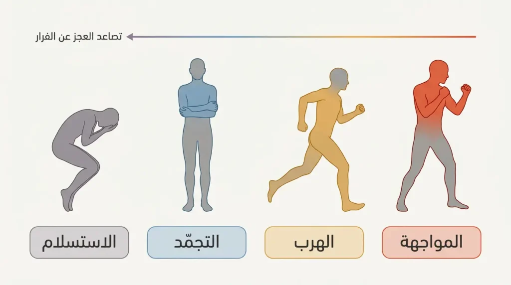 رسم طبي يوضّح الاستجابات الأربع للجهاز العصبي تجاه التهديد: المواجهة والهرب والتجمّد والاستسلام