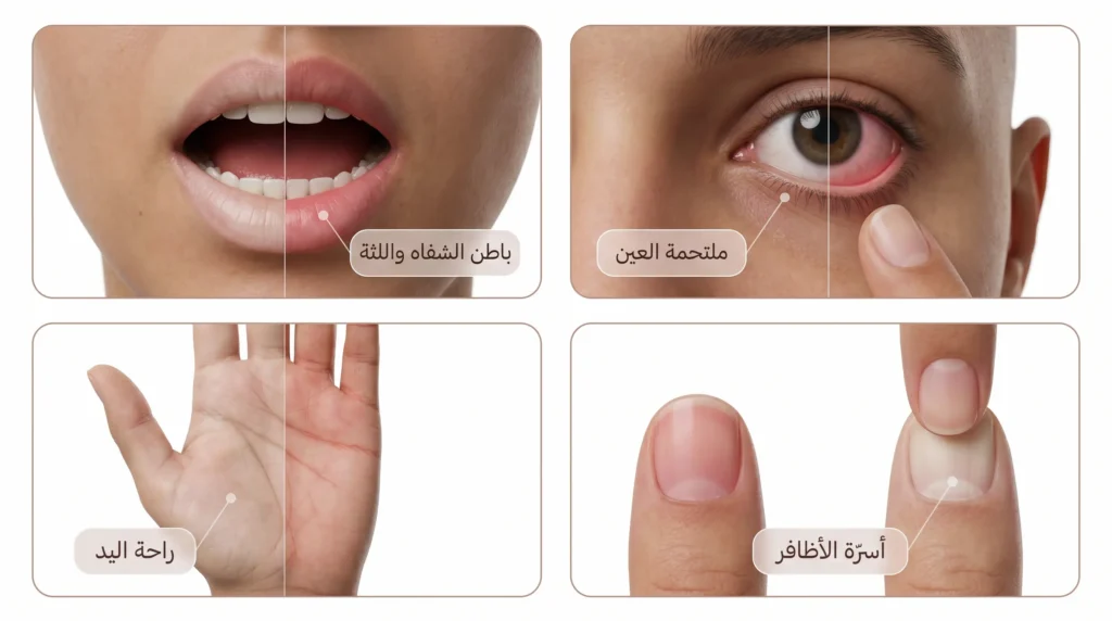 أربعة مواضع سريرية لفحص الشحوب: ملتحمة العين وباطن الشفاه وأسرّة الأظافر وراحة اليد مع المقارنة بين الحالة الطبيعية والشاحبة