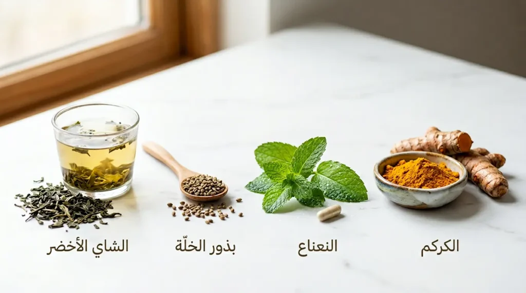 تصوير ماكرو احترافي لأربعة أعشاب طبية مرتبطة بصحة المرارة وهي الكركم والنعناع وبذور الخلة والشاي الأخضر على سطح رخامي أبيض بإضاءة طبيعية