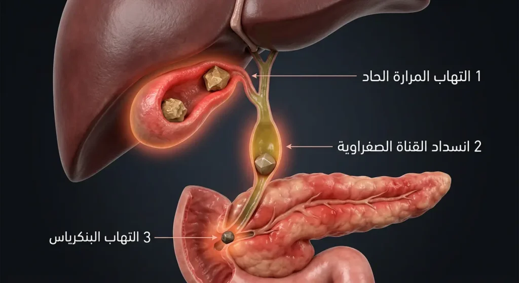 تصوير ثلاثي الأبعاد واقعي يُظهر ثلاث مضاعفات رئيسة لحصوات المرارة وهي التهاب المرارة الحاد وانسداد القناة الصفراوية والتهاب البنكرياس على نموذج تشريحي واحد
