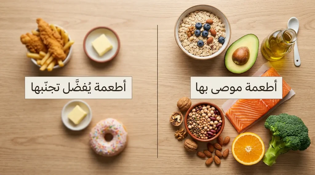 تصوير غذائي احترافي يُقارن بين الأطعمة الصحية الموصى بها للوقاية من حصوات المرارة والأطعمة الدهنية التي يُفضَّل تجنبها