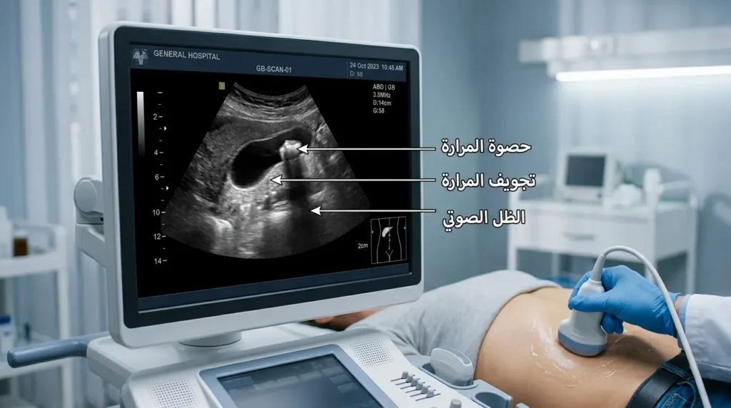 صورة واقعية لشاشة سونار تُظهر حصوة في المرارة مع الظل الصوتي الخلفي المميز في بيئة سريرية نظيفة