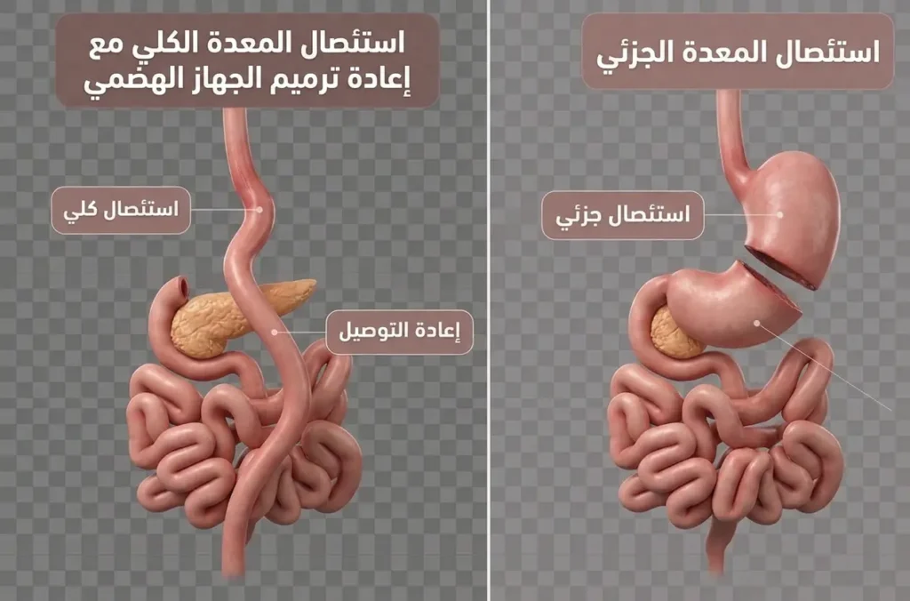 رسم طبي ثلاثي الأبعاد يقارن بين الاستئصال الجزئي والاستئصال الكلي للمعدة مع إعادة التوصيل الهضمي