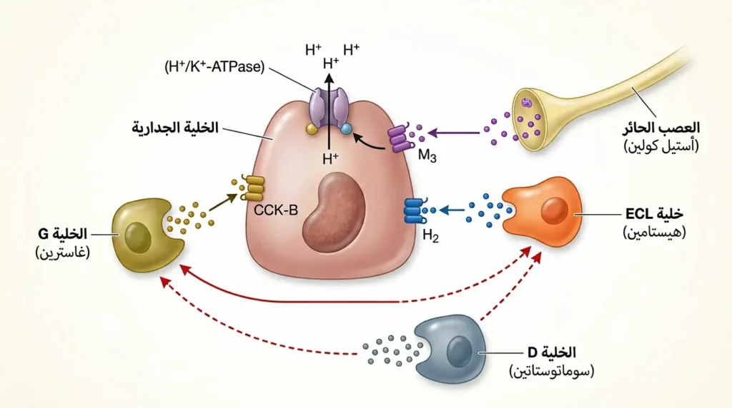 رسم طبي واقعي يوضح المسارات الثلاثة لتنشيط إفراز حمض المعدة: المسار الكوليني والهيستاميني والغاستريني مع آلية التثبيط عبر السوماتوستاتين