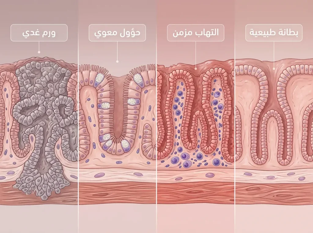 رسم طبي يوضح تسلسل تحول بطانة المعدة من الحالة الطبيعية إلى الالتهاب ثم الحؤول المعوي ثم الورم الغدي