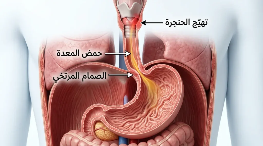 رسم طبي ثلاثي الأبعاد يوضح كيف يصعد حمض المعدة عبر الصمام المرتخي ليسبب تهيج الحنجرة والسعال المزمن