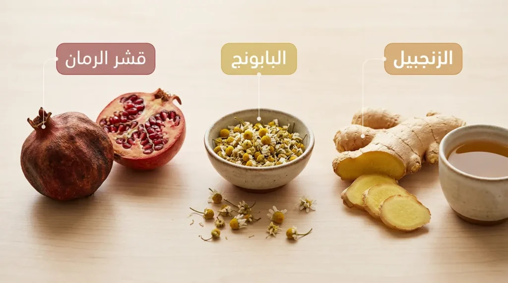 ثلاث أعشاب طبيعية تساعد في تخفيف الإسهال وهي الزنجبيل والبابونج وقشر الرمان