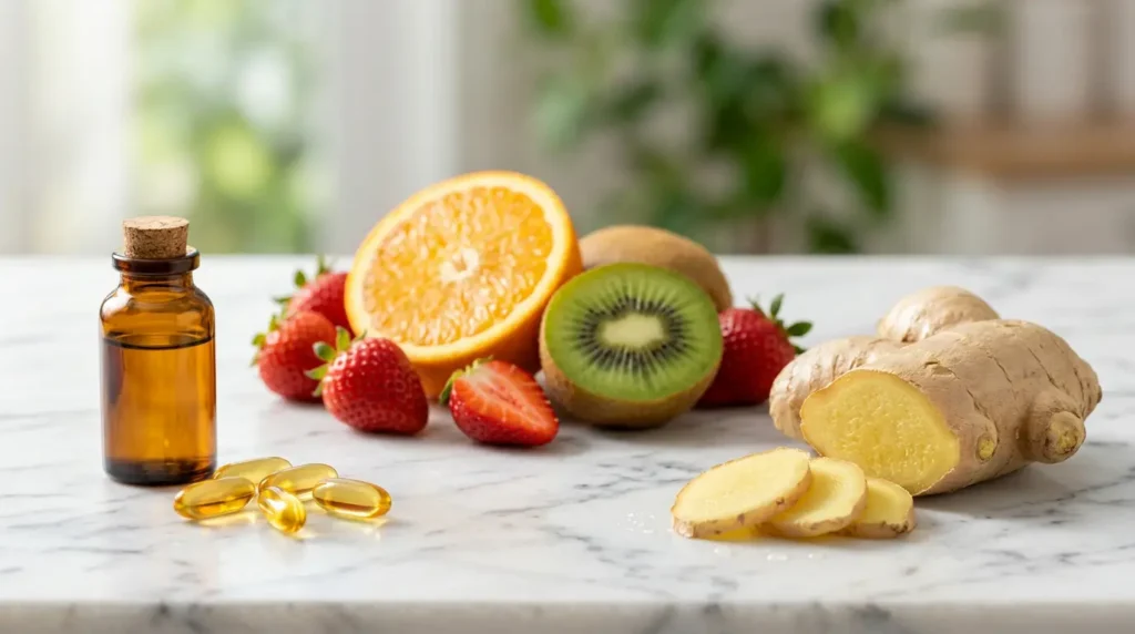 تصوير ماكرو احترافي يعرض جذر زنجبيل طازج مع شرائح وفواكه غنية بفيتامين C مثل البرتقال والكيوي والفراولة وكبسولات فيتامين D على سطح رخامي بإضاءة طبيعية