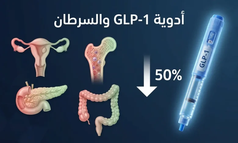صورة طبية توضيحية تُظهر قلم حقن GLP-1 وأربعة أعضاء مرتبطة بسرطانات انخفض خطرها بأكثر من 50% بحسب دراسة 2025