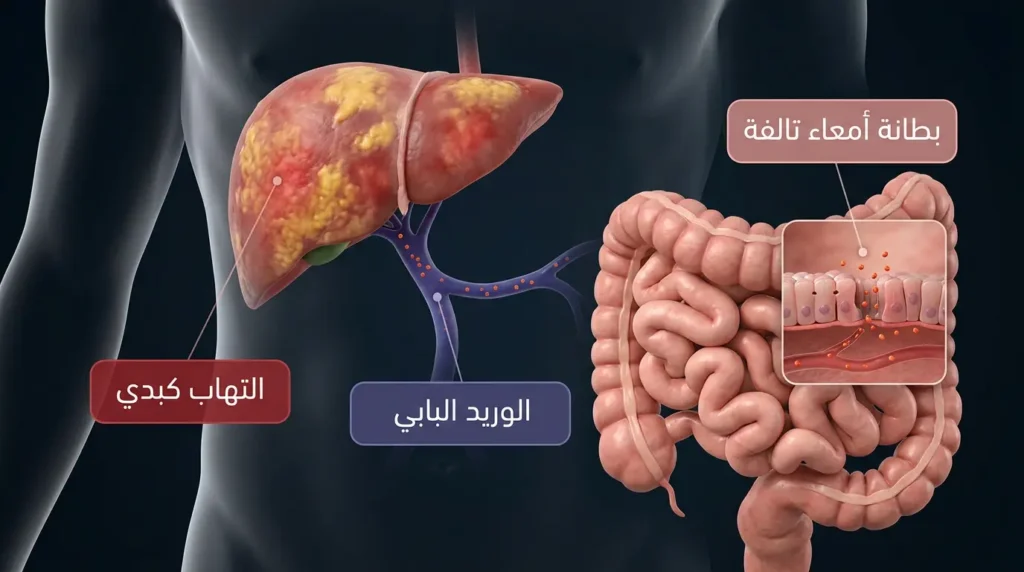 رسم ثلاثي الأبعاد واقعي يوضح محور الأمعاء-الكبد وكيف ينتقل الالتهاب من بطانة الأمعاء التالفة عبر الوريد البابي إلى الكبد مسبباً كبداً دهنياً