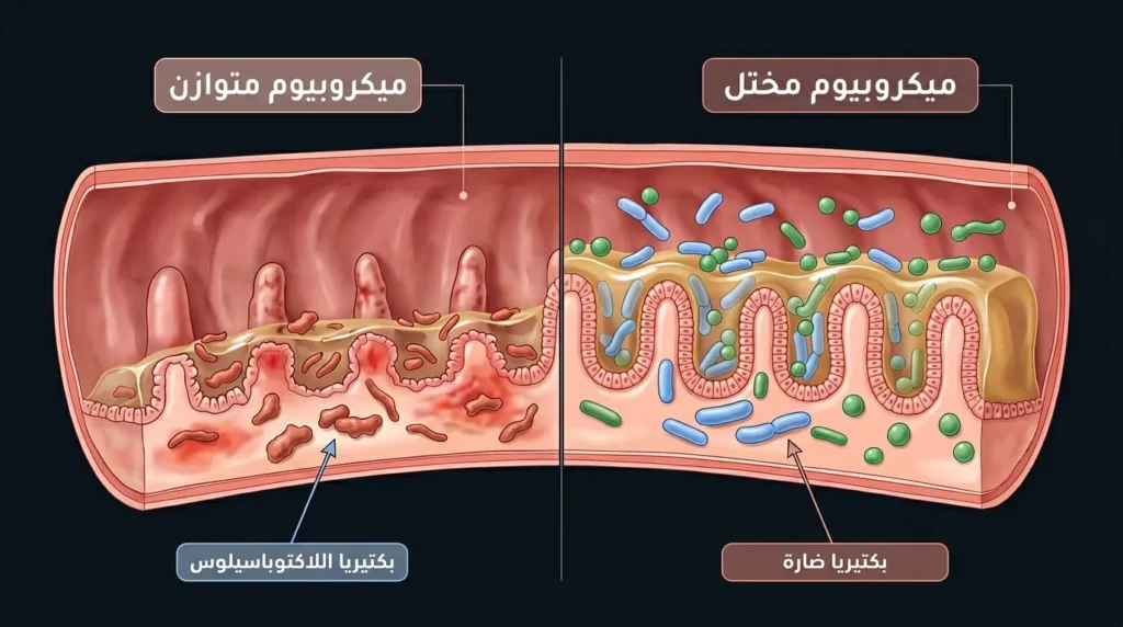 مقارنة تشريحية واقعية بين ميكروبيوم معوي متوازن غني ببكتيريا اللاكتوباسيلوس النافعة وميكروبيوم مختل مع بكتيريا ضارة والتهاب في بطانة القولون