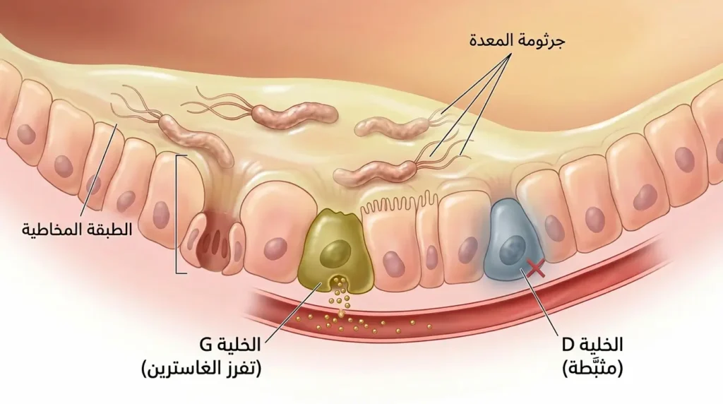 رسم طبي واقعي يوضح استيطان جرثومة المعدة (H. pylori) في بطانة غار المعدة وتأثيرها على خلايا G وخلايا D