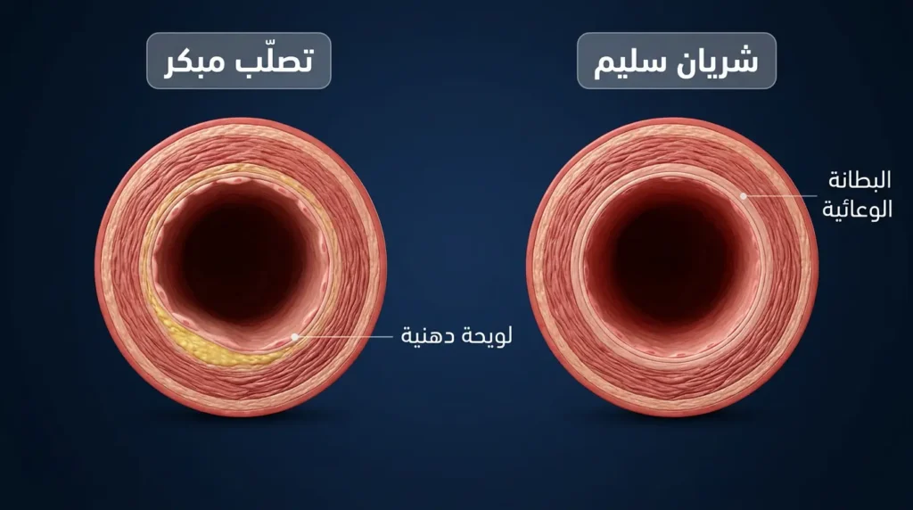 مقارنة ثلاثية الأبعاد بين مقطع شريان سليم وشريان في مرحلة تصلّب مبكر تُظهر اللويحة الدهنية والبطانة الوعائية.