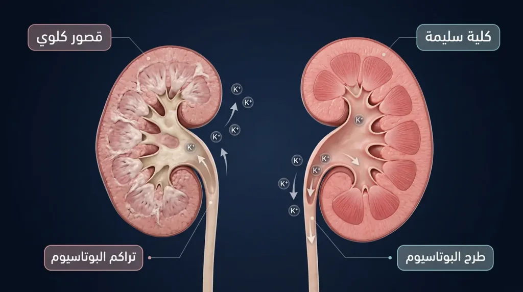 مقارنة ثلاثية الأبعاد بين كلية سليمة تطرح البوتاسيوم بكفاءة وكلية مصابة بقصور مزمن يتراكم فيها البوتاسيوم في الدم.