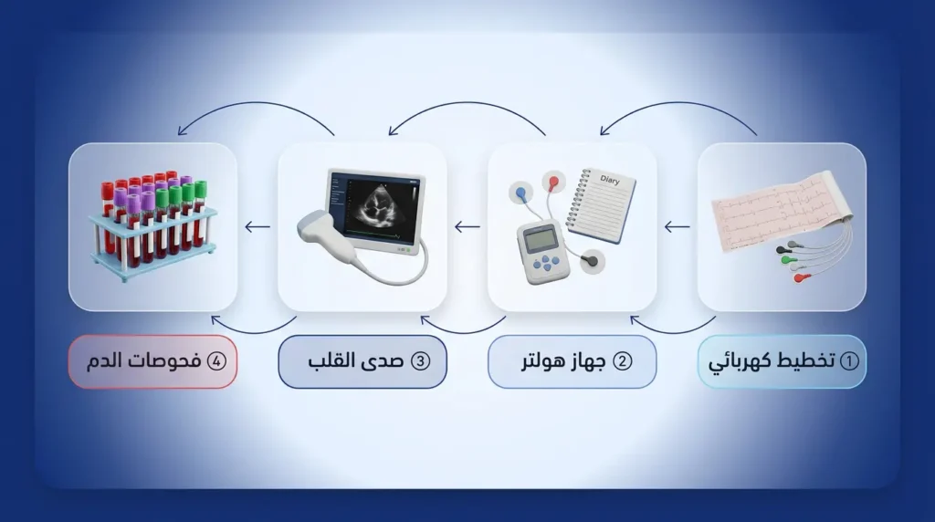 مخطط بصري لرحلة تشخيص خفقان القلب: تخطيط كهربائي ثم جهاز هولتر ثم صدى القلب ثم فحوصات الدم