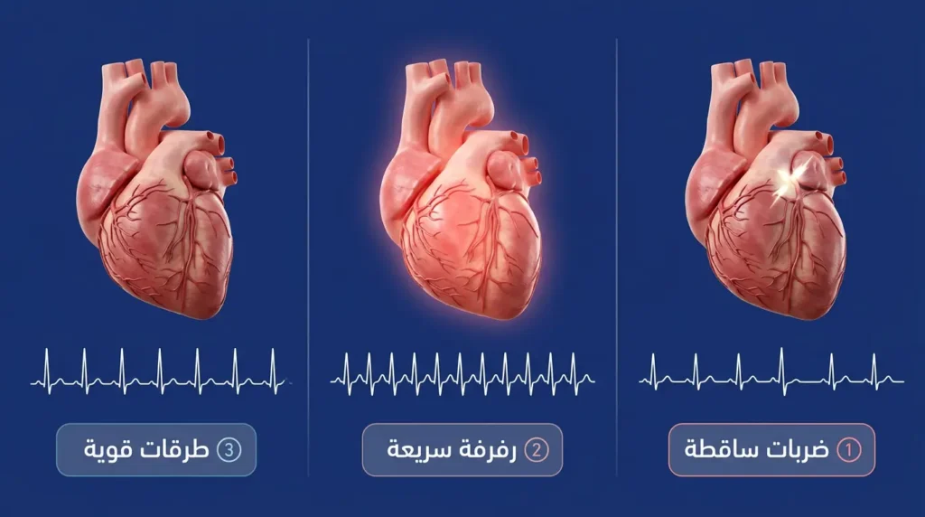 ثلاث لوحات توضيحية تقارن أنماط خفقان القلب: الضربات الساقطة والرفرفة السريعة والطرقات القوية مع تخطيط قلب لكل نمط