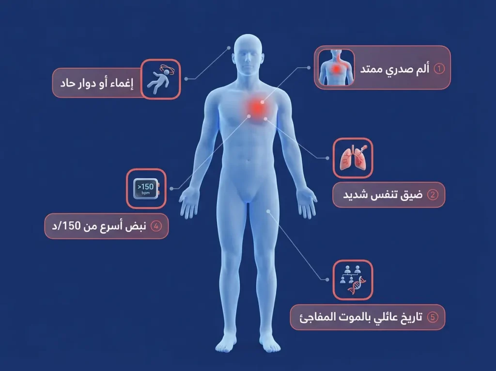 إنفوغرافيك يُظهر خمس علامات تحذيرية تستدعي الطوارئ مع خفقان القلب: ألم صدري وضيق تنفس وإغماء وتسارع فوق 150 وتاريخ عائلي