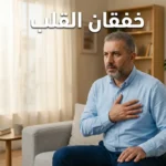 رجل يضع يده على صدره بقلق خفيف مع عبارة خفقان القلب — صورة غلاف مقال طبي شامل