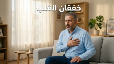 رجل يضع يده على صدره بقلق خفيف مع عبارة خفقان القلب — صورة غلاف مقال طبي شامل