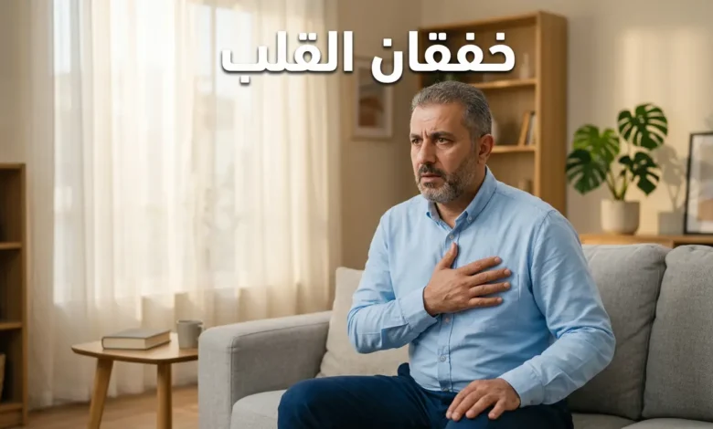 رجل يضع يده على صدره بقلق خفيف مع عبارة خفقان القلب — صورة غلاف مقال طبي شامل