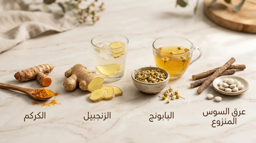 صورة ماكرو لأربع أعشاب تُستخدم لتخفيف أعراض ارتجاع المريء: عرق السوس المنزوع والبابونج والزنجبيل والكركم