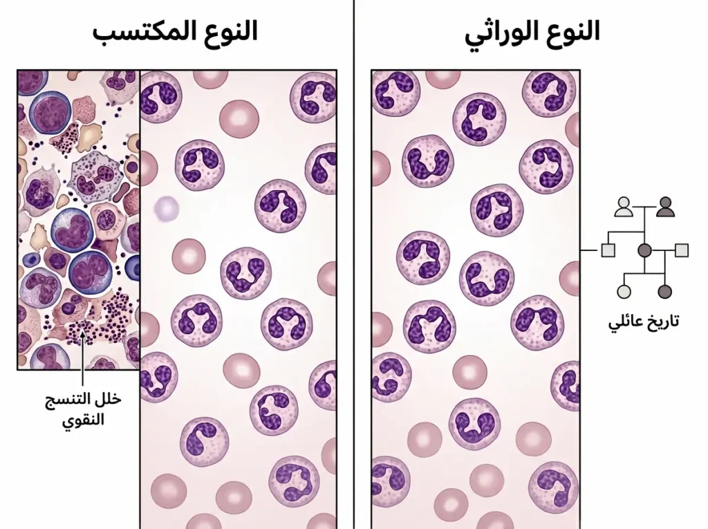 مقارنة طبية بين شذوذ بيلجر هويت الوراثي الحميد والنوع المكتسب المرتبط باضطرابات نخاع العظم.