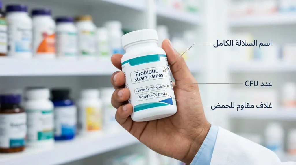 صورة واقعية توضح كيفية قراءة ملصق عبوة مكمل البروبيوتيك في الصيدلية مع إبراز اسم السلالة وعدد CFU والغلاف المقاوم للحمض