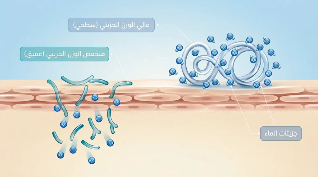 رسم طبي توضيحي يوضح الفرق بين حمض الهيالورونيك عالي الوزن الجزيئي الذي يرطب السطح ومنخفض الوزن الجزيئي الذي يخترق الطبقات العميقة.