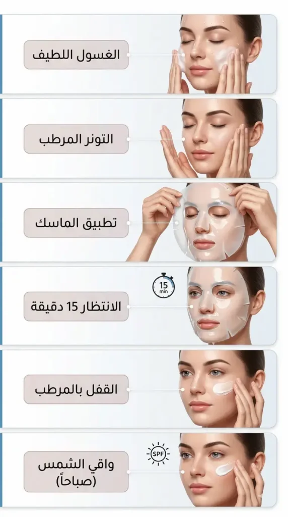 إنفوجرافيك طبي تسلسلي يعرض 6 خطوات صحيحة لتطبيق ماسك ترطيب البشرة من الغسول إلى واقي الشمس.
