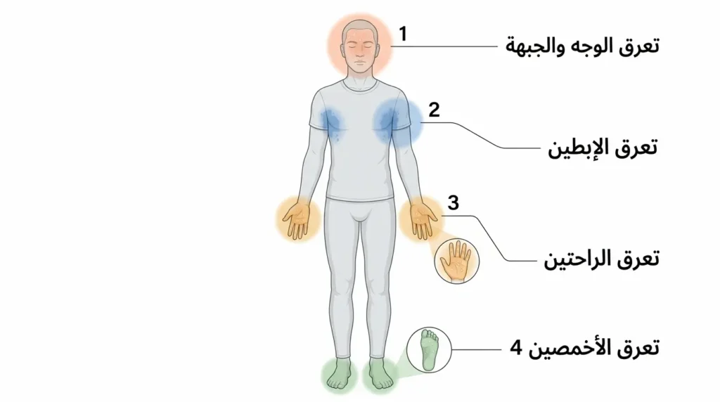 رسم طبي واقعي يعرض خريطة توزيع التعرق المفرط على جسم الإنسان موضحاً المناطق الأربع الرئيسة المتأثرة وهي الوجه والإبطان والراحتان وأخمص القدمين