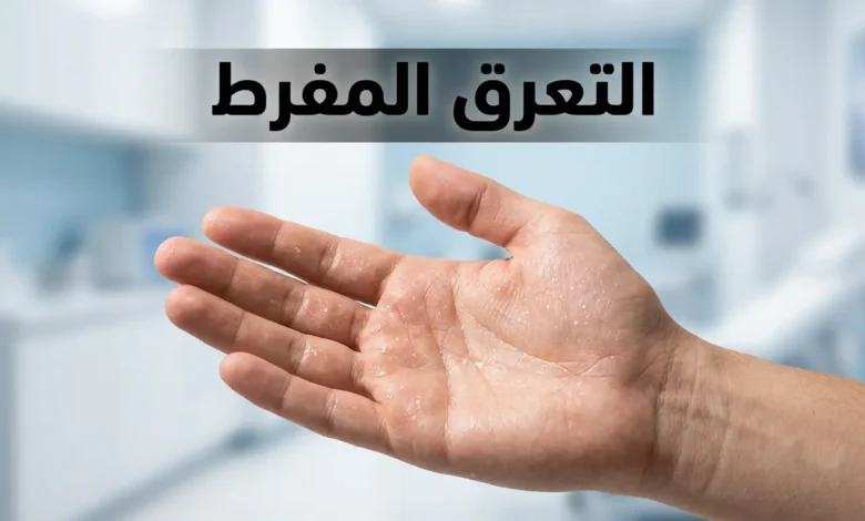 صورة غلاف تُظهر راحة يد بشرية مع قطرات عرق دقيقة على سطح الجلد وعبارة التعرق المفرط بالعربية في أعلى الصورة