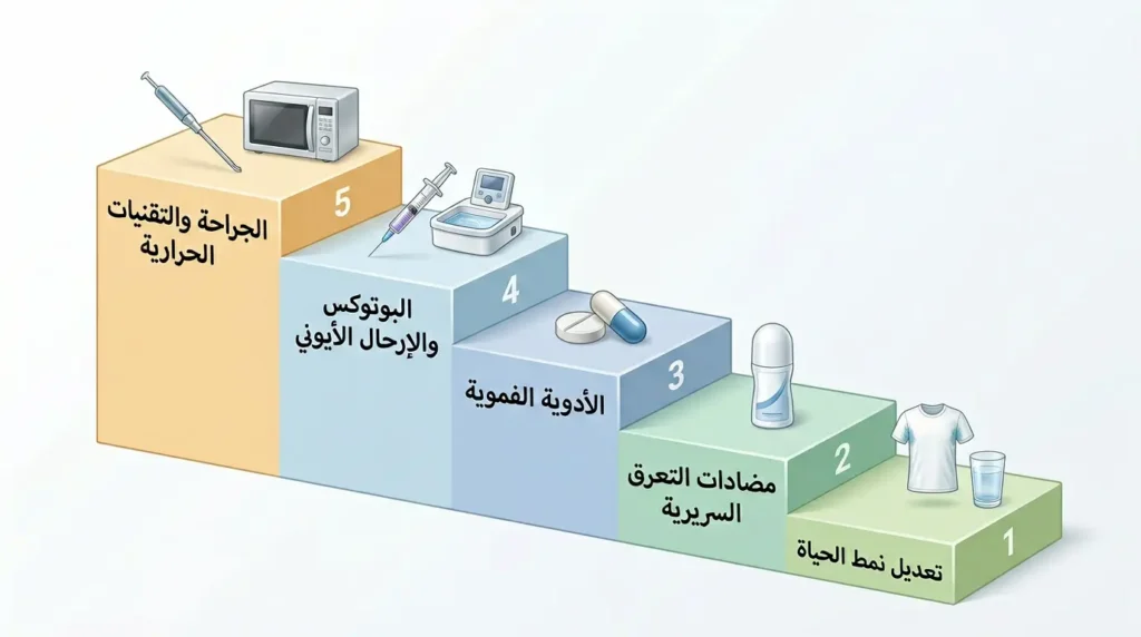رسم طبي واقعي يوضح السلم العلاجي المتدرج لعلاج التعرق المفرط من تعديل نمط الحياة إلى مضادات التعرق ثم الأدوية الفموية فالبوتوكس وصولاً إلى الجراحة