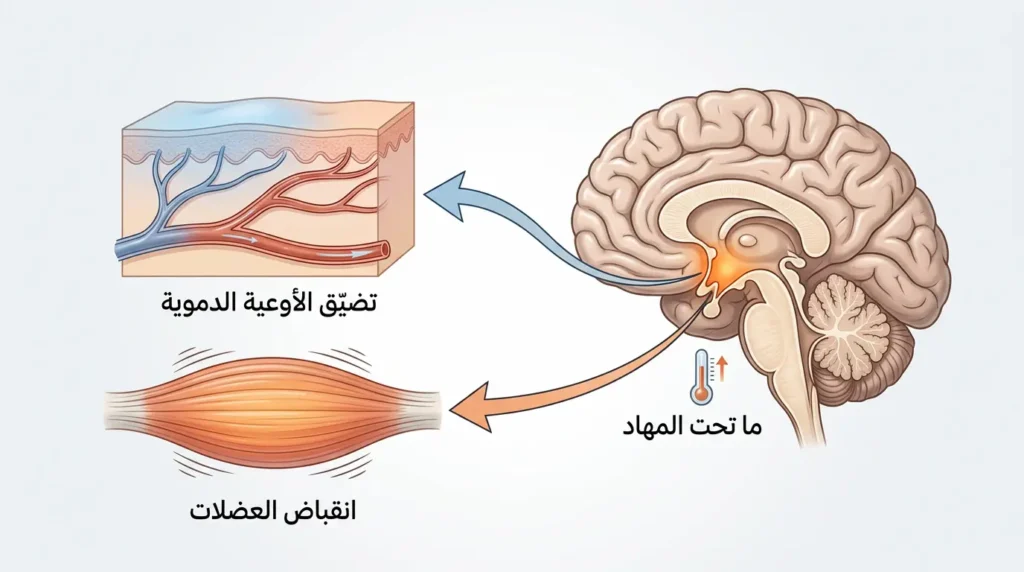 رسم توضيحي طبي واقعي يوضّح آلية حدوث القشعريرة عبر ما تحت المهاد وتضيّق الأوعية الدموية وانقباض العضلات