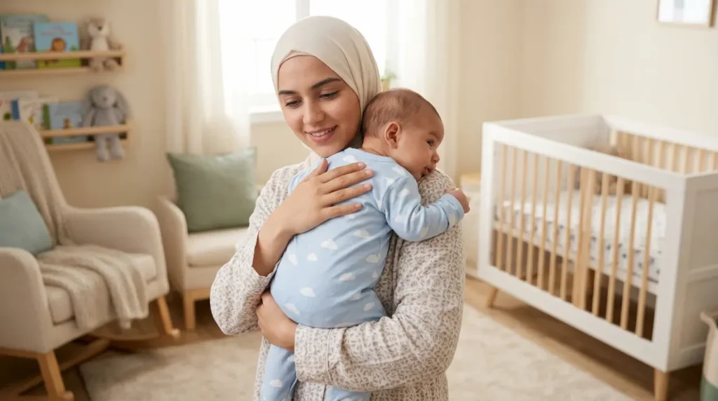 أم شابة تحمل رضيعها بوضعية التجشؤ الصحيحة على كتفها مع تربيت لطيف على ظهره في غرفة أطفال مضيئة