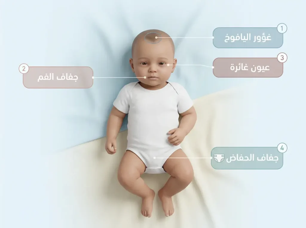 علامات الجفاف عند الرضيع تشمل غؤور اليافوخ وجفاف الفم والعيون الغائرة وجفاف الحفاض