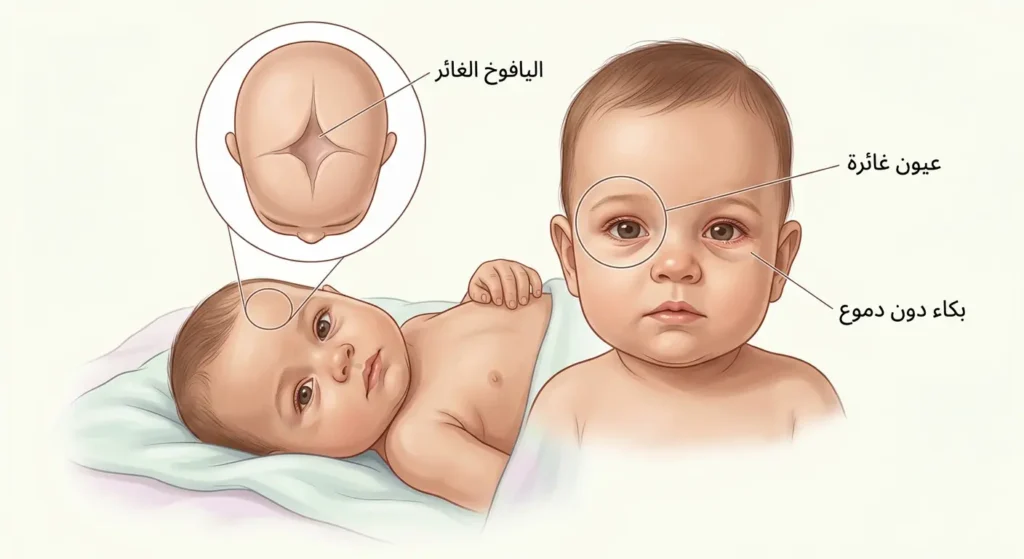 رسم توضيحي طبي واقعي يُظهر علامات الجفاف عند الرضيع تشمل اليافوخ الغائر والعيون الغائرة والبكاء دون دموع