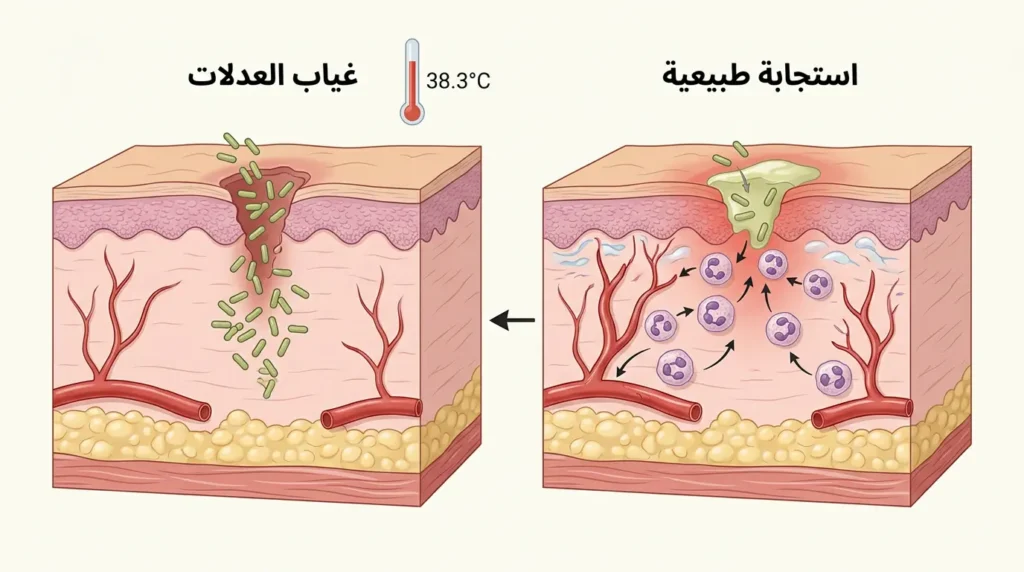 رسم طبي واقعي يُقارن استجابة الجسم للعدوى مع وجود العدلات (التهاب واضح) مقابل غيابها (هدوء خادع مع تكاثر البكتيريا)