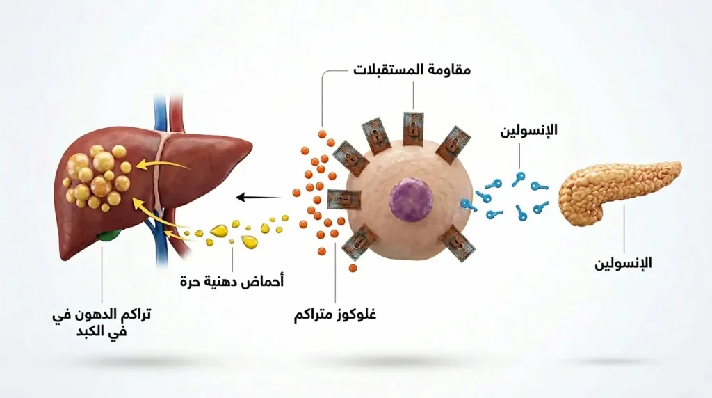 رسم ثلاثي الأبعاد يوضح آلية مقاومة الإنسولين وكيف تؤدي إلى تراكم الدهون داخل الكبد عبر زيادة الأحماض الدهنية الحرة
