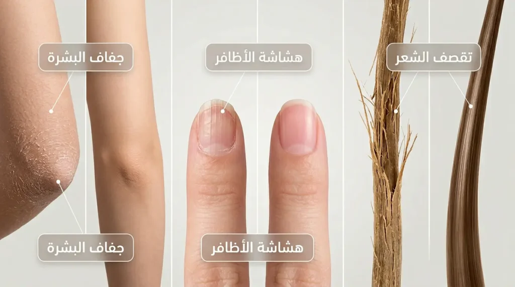مقارنة بصرية بين الشعر والأظافر والبشرة في حالتهما الطبيعية وعند نقص الكيراتين